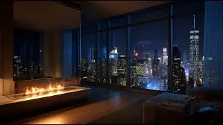 New York City Night Ambience 🌃 | Cozy Apartment Fireplace 🔥 | 4 Hours, 4K, for Sleep, Study & Relax