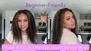 NEW Wear & Go Brown Highlights Pre-Cut & Pre-Plucked Lace Curly Hair Wig Install - Beginners!😍