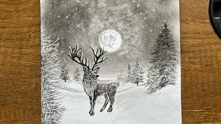 How to draw a beautiful deer in moon night with charcoal pencil... sketch.. drawing