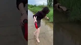 The woman takes off her louboutins and walks barefoot in the puddles #asmr