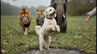 Dog Meets Wild Animals In Woods