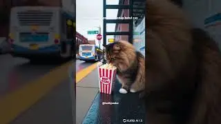 hungry cat eating popcorn at the bus stop #catai #cat #catlover #ai #cute #kucing #fyp #popcorn
