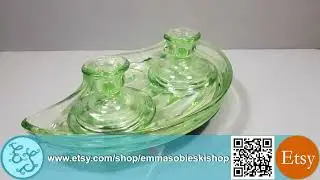 Vintage Green Glass Bagley Dressing Table / Vanity Set - Tray & Candlestick Holders