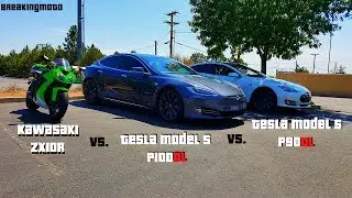 1000cc Sport Bike gets Smoked by Tesla P100D | ZX10R vs P100D vs P90D