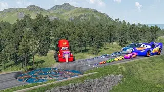 Big & Small McQueen & Police Car vs Zombie Mack, Giant Water Pit & Log Downhill Race – BeamNG.drive