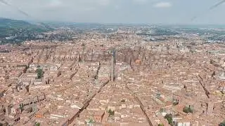 Bologna, Italy. Old Town. Two Towers. (Le due Torri) Garisenda and degli Asinelli. Towers from th...