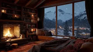 Mountain Cabin Winter Night | Heavy Snow & Roaring Fireplace for Insomnia and Anxiety Relief