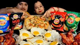 SPICY🔥 SUNNY SIDE UP EGG DOMINOS PIZZA CHICKEN LOLLIPOP LAYS CHIPS EATING CHALLENGE|EGG MUKBANG#food