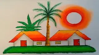How to Draw a Beautiful Village House Scenery Drawing | Simple Rural Landscape Art with Sunset 