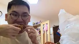 Fat man eating McDonald's chicken mc crispy while watching pokemon horizon s1