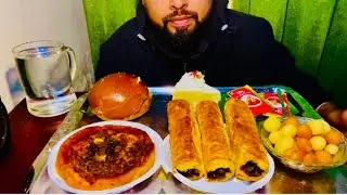 ASMR EATING, Chicken Burger, Chicken Pizza, Vegetable Roll, Worm Cake, Sweets,Tomato sauce #trending