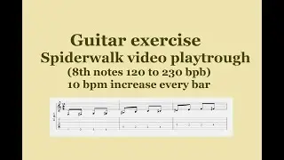 Guitar Exercise, Spiderwalk Video playthrough. (8th notes 120 to 230 bpm) 10 bpm increase every bar.