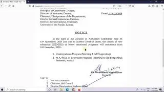 Official Notification for Online Classes Starting From 14 December PU