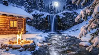 Full Moon Waterfall River Cabin (3 HOURS) | Campfire + Snowfall | Deep Sleep | No Music