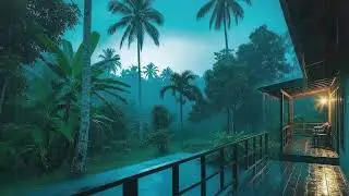 Fall Asleep Fast with Warm Rain Sounds and Low Thunder Murmur at Wooden Cabin Terrace 🌧️