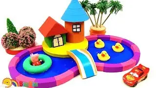 How To Make Floating House On Colorful Slime Pool From Kinetic Sand - Learn Colors