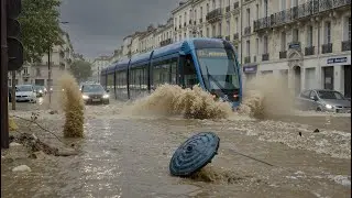⛈️Хаос в Монпелье, на юге Франции: город затоплен историческими наводнениями, улицы под водой.