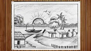 How to draw river side village scenery drawing with pencil step by step for beginners 