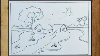 Drawing a landscape riverside scenery, Village Scenery Drawing with pencil