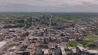Aerial view of low buildings of kansas city, Missouri in the Midwest, with iconic buildings and