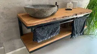 Spon-holz Badezimmer Waschtisch rustikal aus Eiche Massivholz mit Baumkante Schublade, Einlegeboden