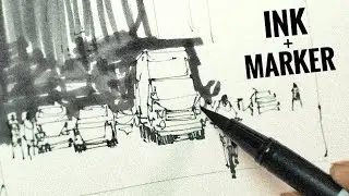 Combining Waterproof-Ink & Water-Based Marker / Streetscape Drawing Tutorial 