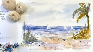 Как нарисовать пляжный пейзаж с парусниками — простой урок по акварели — рисуем тропический морск...