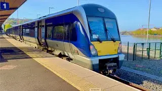 DERRY TRAIN STATION A 6 CAR DMU ARRIVES/DEPARTS & A WALK ACROSS THE PEACE BRIDGE FRI 11th APRIL 2025