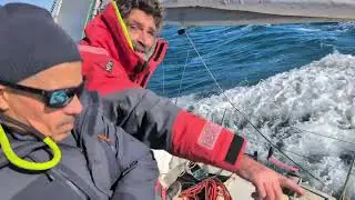 Shredding in Gibraltar, 25 knots wind. Had to take down the Code Zero and put the jib back.