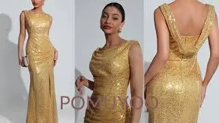 POMUYOO | Glamorous Cowl Ruched Slit Floor Length Sequins Prom Dresses