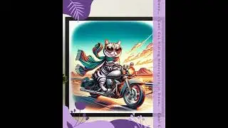 Cool Cat Riding Motorcycle in Desert, Vibrant Sunset Wall Art, Retro Style Cat Biker Illustration