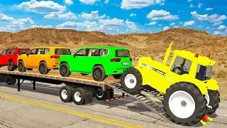 TRANSPORTING PIXAR CARS & FRUITS WITH COLOURED & JOHN DEERE vs CLAAS vs TRACTORS - BeamNG.drive #427