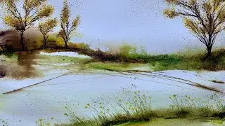 South Downs Summer Landscape Tutorial, Easy Watercolor Painting with PALETTE KNIFE and THREE COLORS