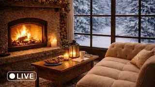 Cozy Winter Cabin Fireplace – 10 Hours Snowfall Outside, Warm Fire Ambience Live