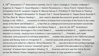 A. 19^th Amendment 1^st Amendment ssembly Line D. Calvin Coolidge E. Charles Lindbergh F. Eugenics G