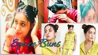 easy space buns inspired by hina khan.two buns.front hairstyle#spacebuns #hinakhan #lookrecreated