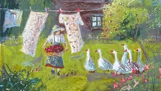 Гуси масляной пастелью. Процесс. Для обложки большого набора  @maleviches 