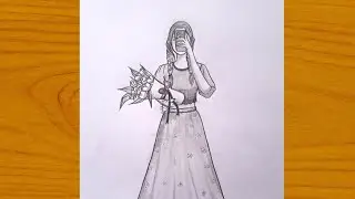 Easy drawing of a girl taking  mirror-selfie with flowers||Pencil sketch of beautiful girl
