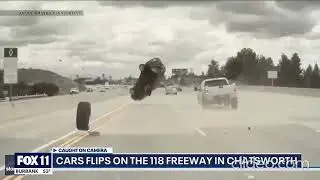 Tire pops off truck, causes car to flip on Chatsworth freeway By Fox 11 Reversed