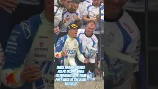 Isack Hadjar breaks his P3 trophy while celebrating with team post-race at the 2025 Dutch GP #f1