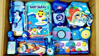 Unboxing blue stationery items - writing board, mini highlighter, brush pens, jumbo pencil box, doms