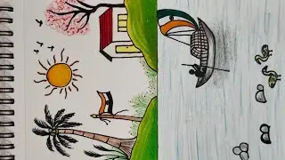 👉 Beautiful Indian Village Scenery Drawing | River, Boat & Tiranga Art🇮🇳❤️ Jai hind 🇮🇳