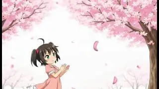 Anime girl Airi black twin tails, emerald eyes, pastel dress tries to catch a falling sakura petal s