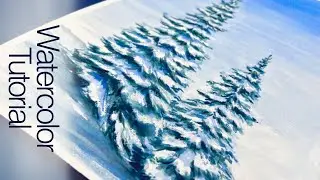 Как нарисовать заснеженные сосны акварелью с использованием воскового стойкого материала || полны...