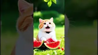 Cute fat cat eating watermelon