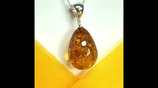 Large necklace real amber teardrop shaped pendant sterling silver