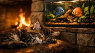 벽난로 앞에서 잠든 고양이와 물멍 어항🐱🐠Sleeping Cat by the Fireplace & Aquarium Ambience | 10 Hours Deep Sleep Music