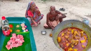 Village alone old couple cooking and eating delicious Village style chicken curry