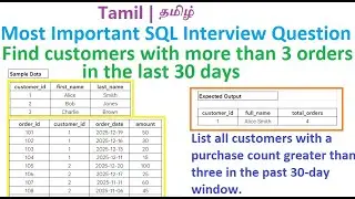 SQL Interview Questions in Tamil | தமிழ்| Find customers with more than 3 orders in the last 30 days