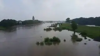 The Dutch river IJssel, seen from the train entering the city of Deventer